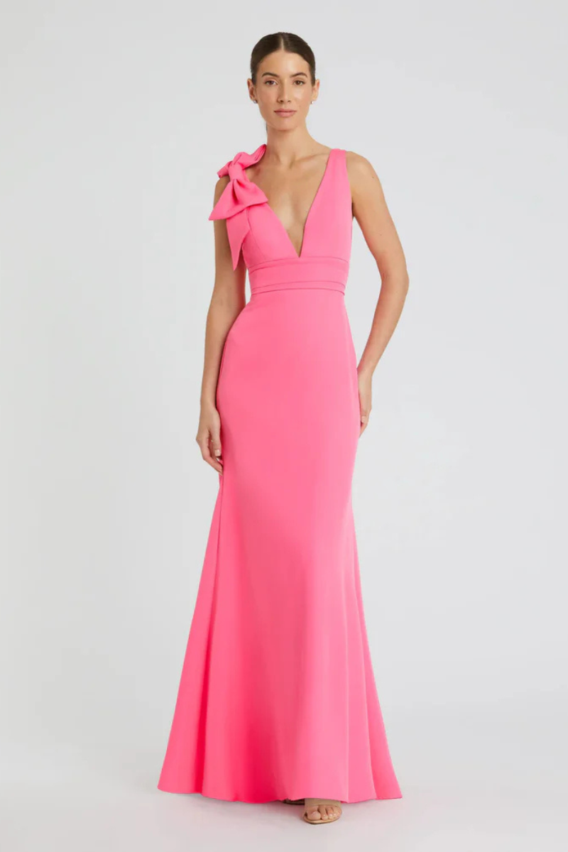 Sleeveless V Neck Bow Detail Mermaid Gown Pink