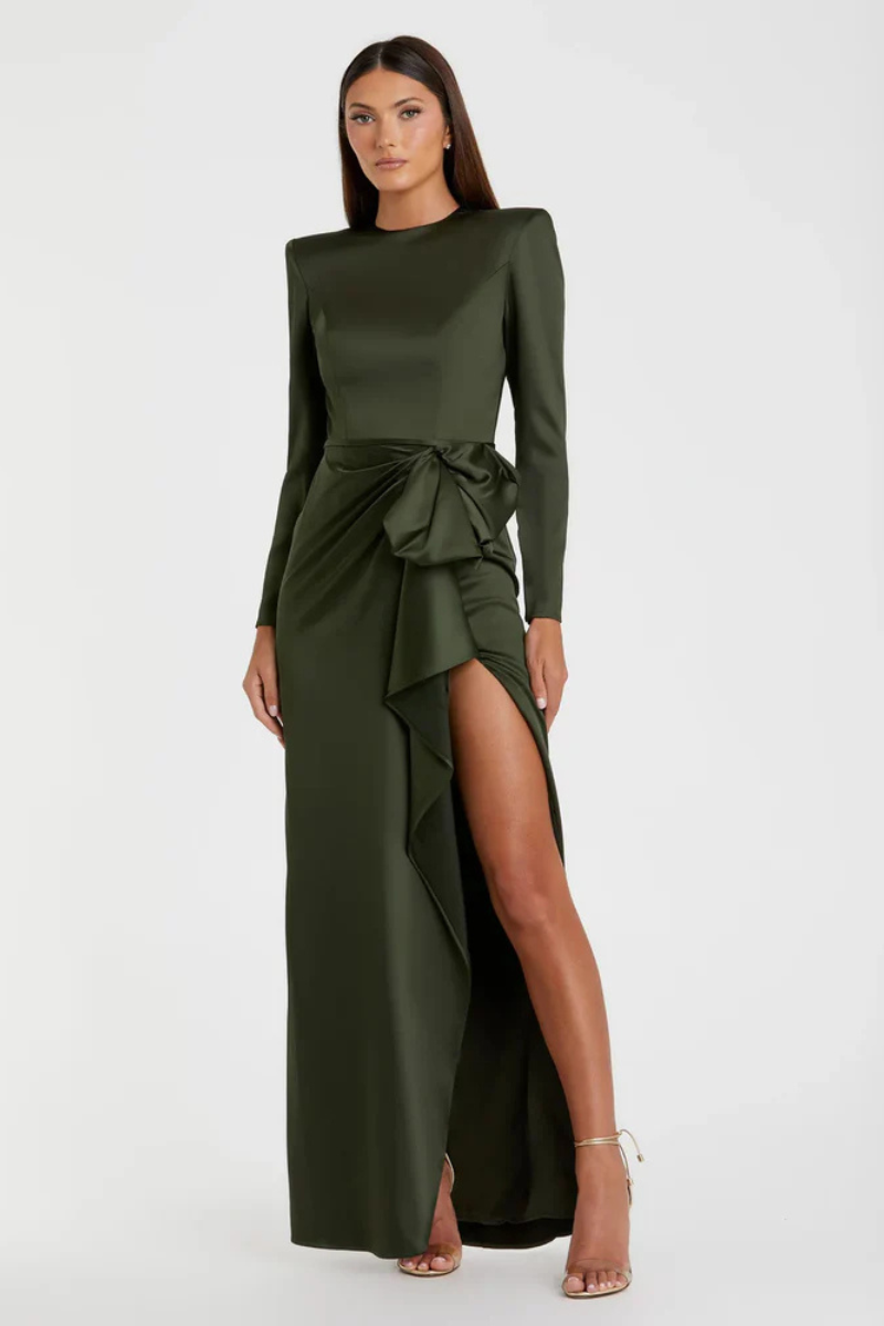 Elegant Dark Green Long-Sleeve Ruched Gown with Structured Bow