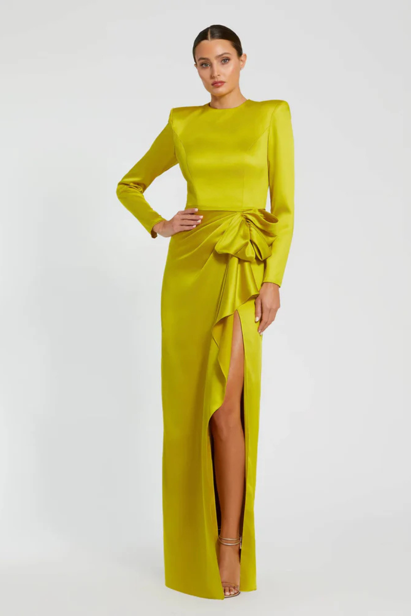 Elegant Chartreuse Long-Sleeve Ruched Gown with Structured Bow