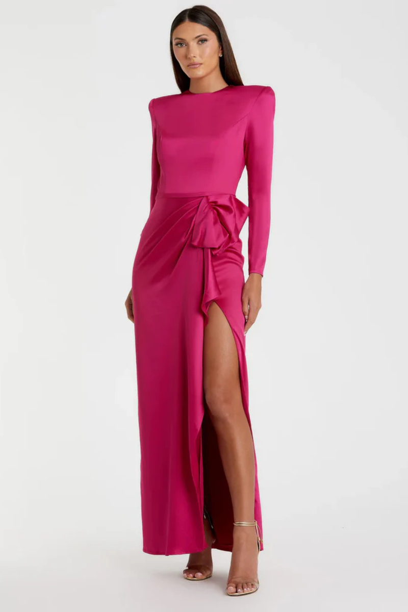 Elegant Pink Long-Sleeve Ruched Gown with Structured Bow