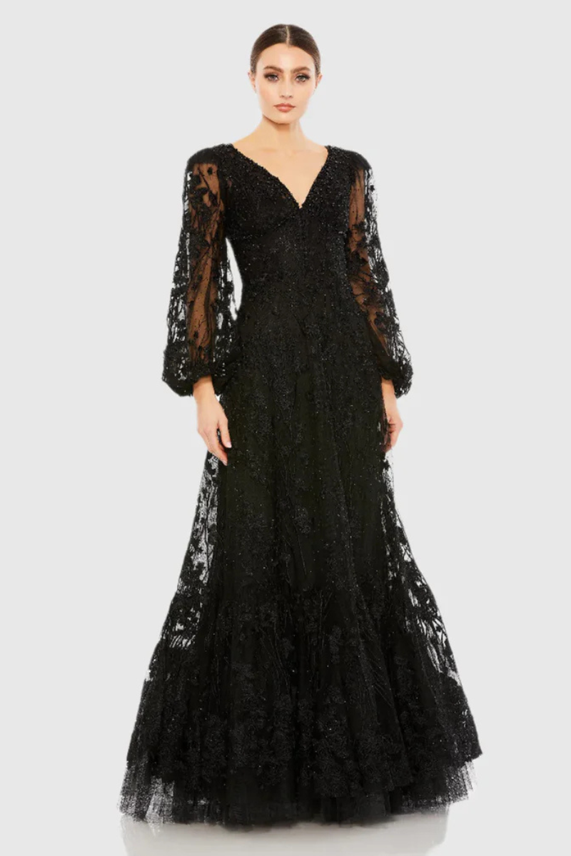 MIDNIGHT BLOOM PUFF-SLEEVE EMBROIDERED GOWN