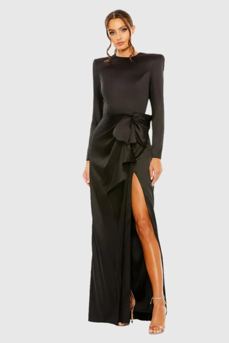 Elegant Black Long-Sleeve Ruched Gown with Structured Bow