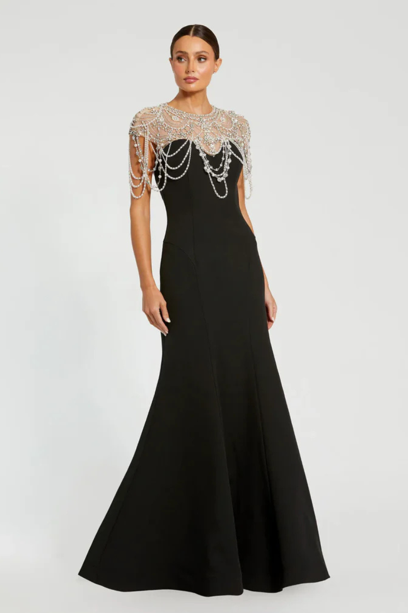 Black Sculpted Pearl-Beaded Aqua Gown