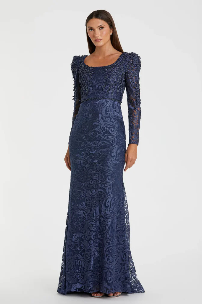 CERULEAN LACE APPLIQUÉ SHOULDER TRUMPET GOWN Blue