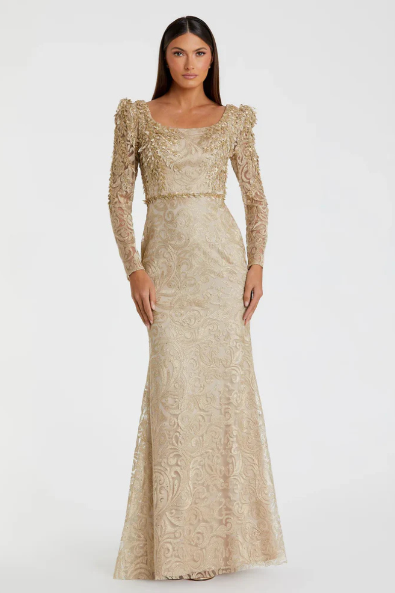 RADIANT GOLD TRUMPET GOWN WITH LACE SHOULDER APPLIQUÉ