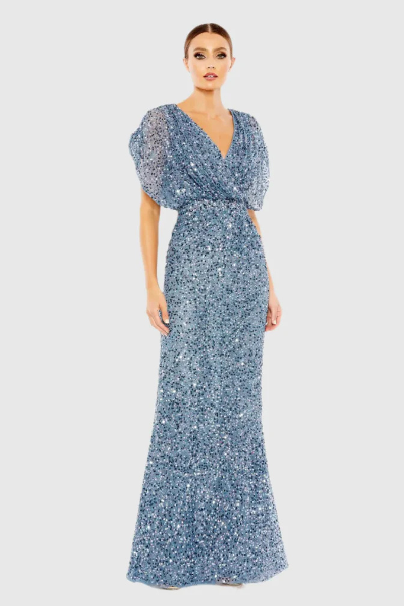 Swathed Sleeve V Neck Gown Blue