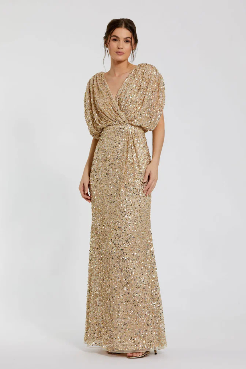 Swathed Sleeve V Neck Gown Gold