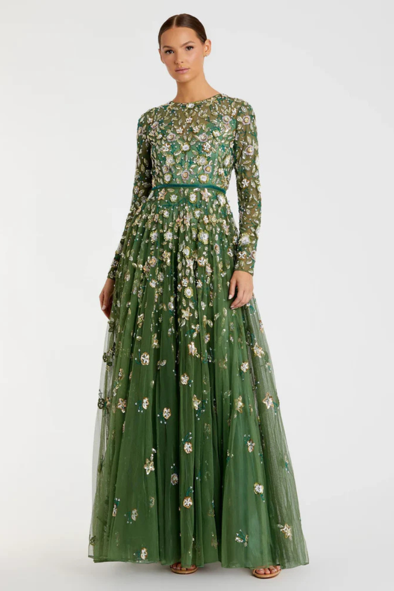 Ornamented High Neck Long Sleeve Gown Green