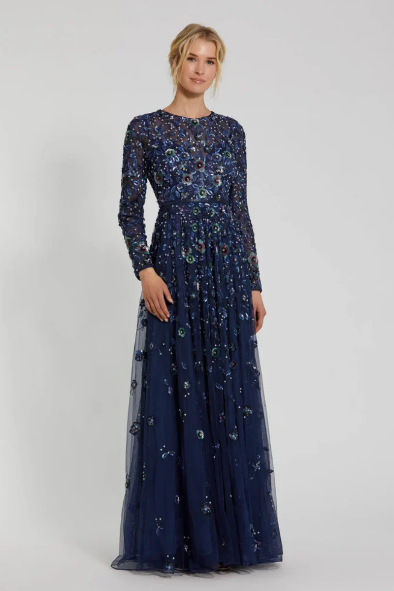 Ornamented High Neck Long Sleeve A Line Gown Navy