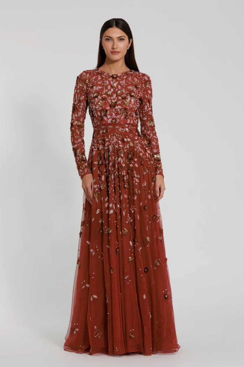 Rich Dark Orange Embellished A-Line Gown With Long Sleeves