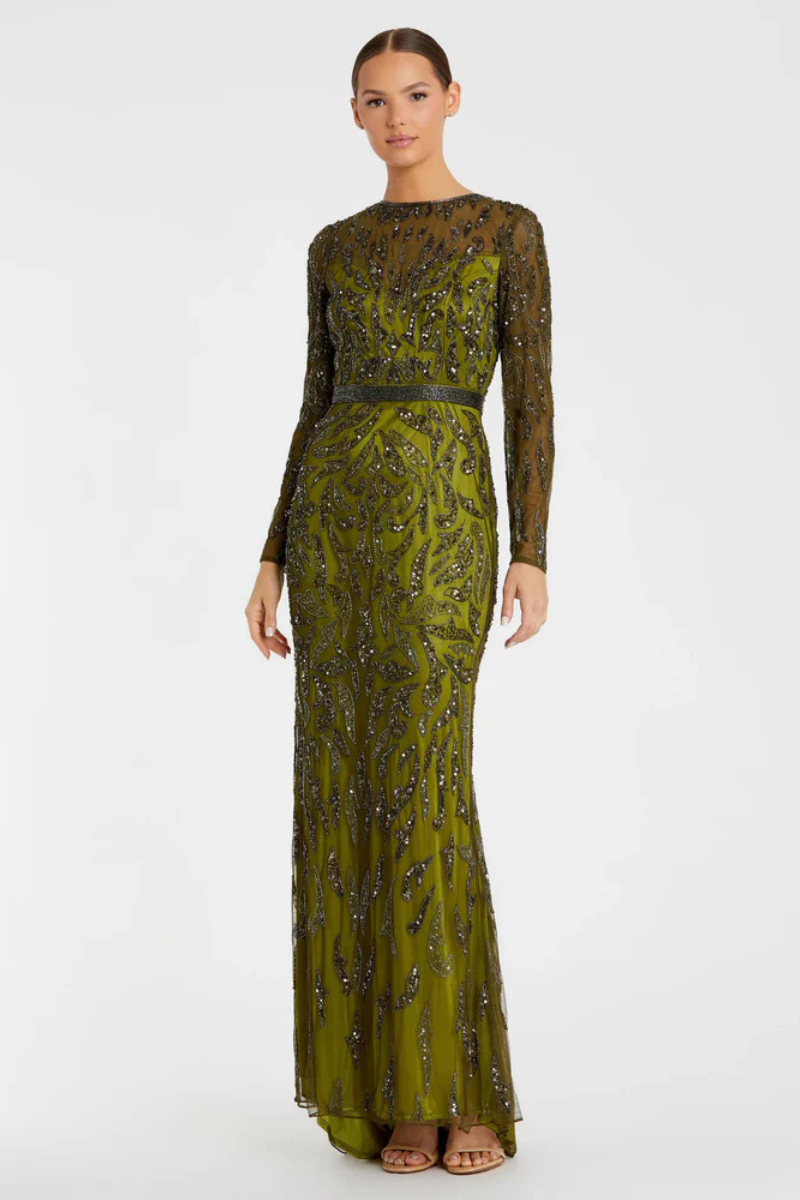 0RNAMENTED SPARKLE LONG-SLEEVE EVENING GOWN GREEN