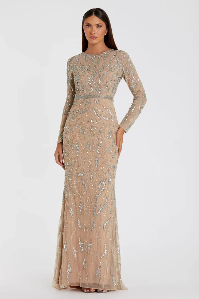 0RNAMENTED SPARKLE LONG-SLEEVE EVENING GOWN BEIGE