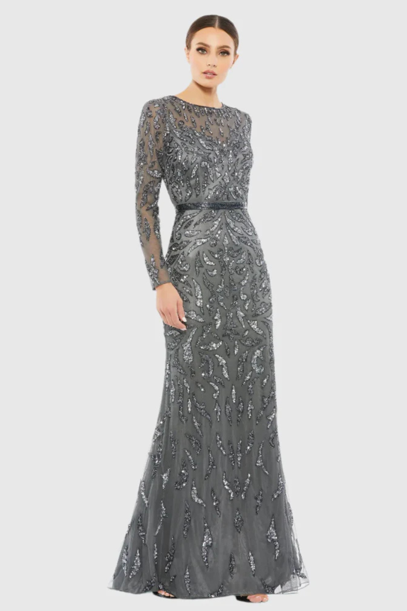 0RNAMENTED SPARKLE LONG-SLEEVE EVENING GOWN DARK GRAY