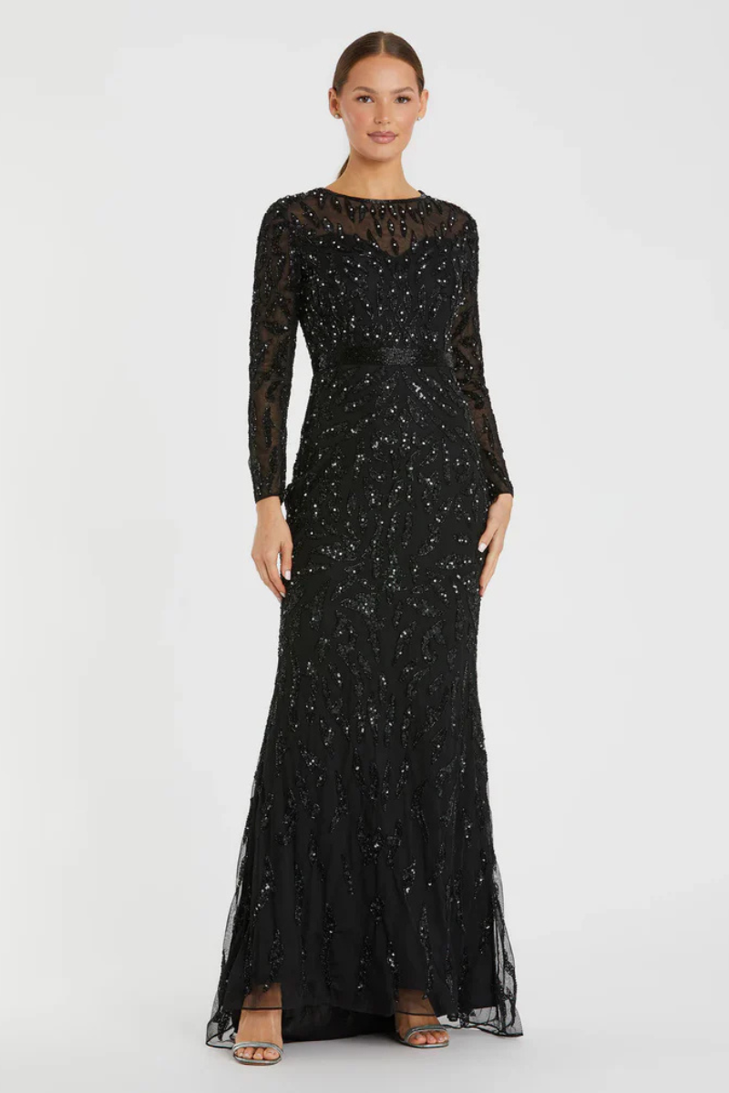 0RNAMENTED SPARKLE LONG-SLEEVE EVENING GOWN BLACK