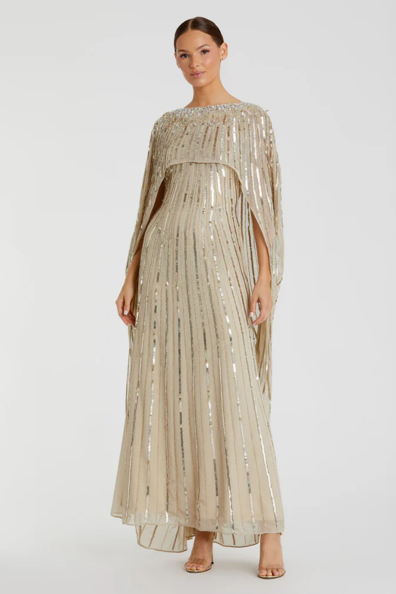 Crystallized Pleated Column Cape Gown Gold