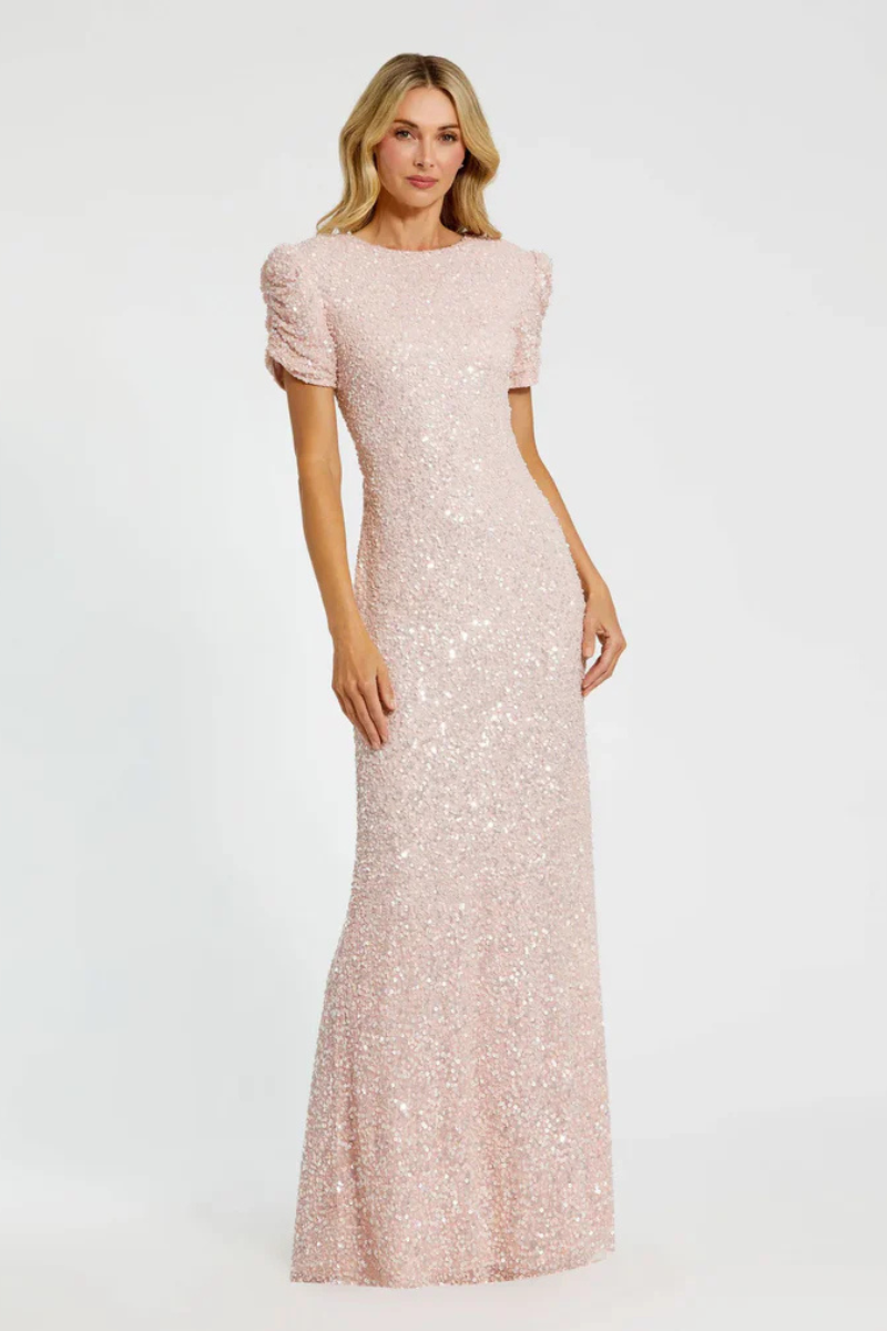 Pink Pleated Short Sleeve Crystalized Gown