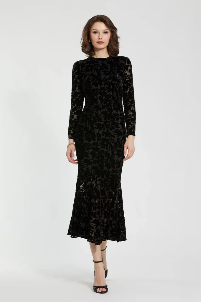 Burnout Velvet Long Sleeve Ruffle Hem Midi Dress Black