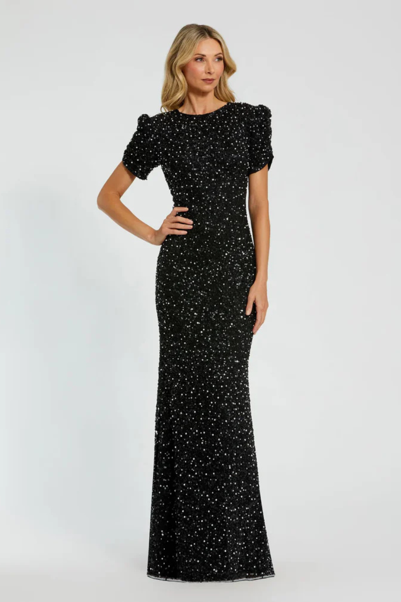 Black Pleated Short Sleeve Crystalized Gown