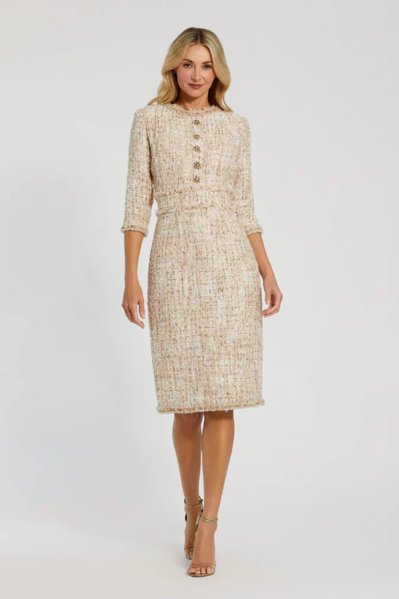 Livia Sleeve Pleated Trim Patch Pocket Tweed Midi Dress Beige