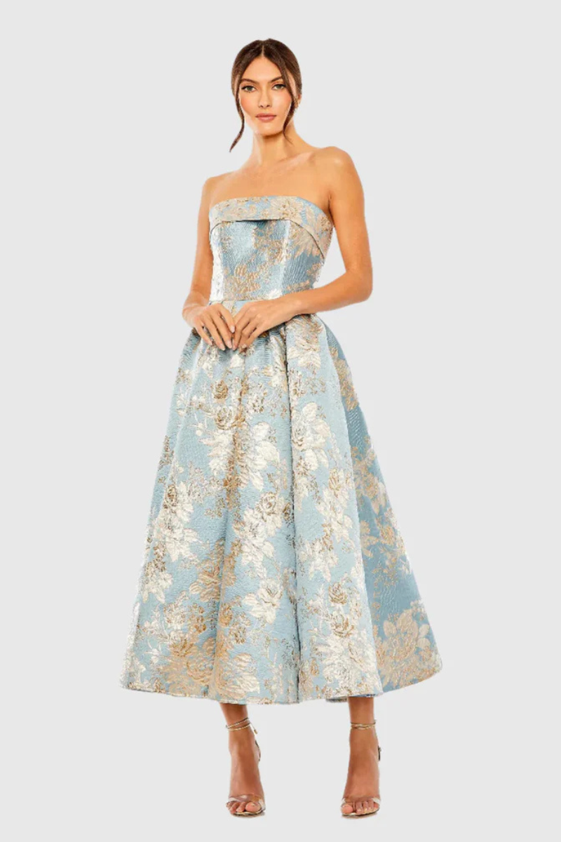 Strapless Damask Midi Dress with Pockets Blue