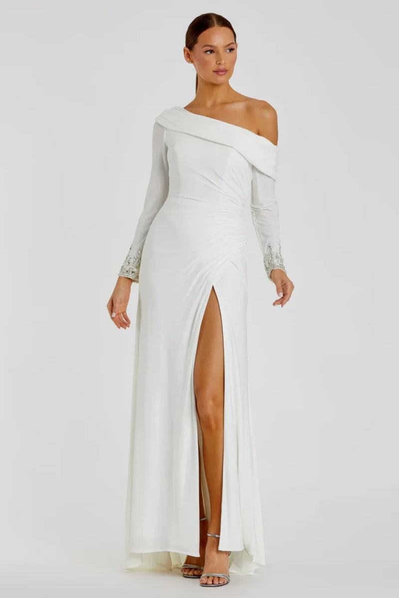 Crystalized Cuff Drop Shoulder Faux Wrap Gown White