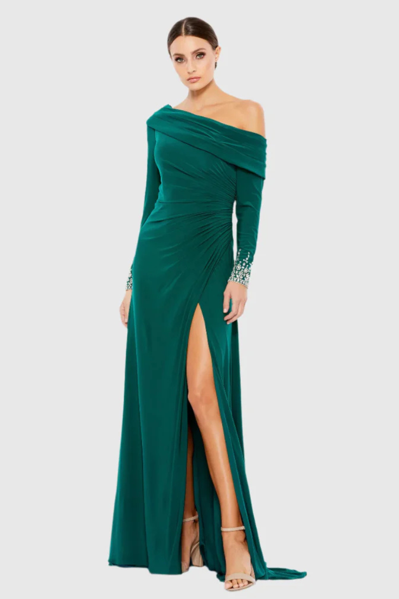 Crystalized Cuff Drop Shoulder Faux Wrap Gown Emerald Green