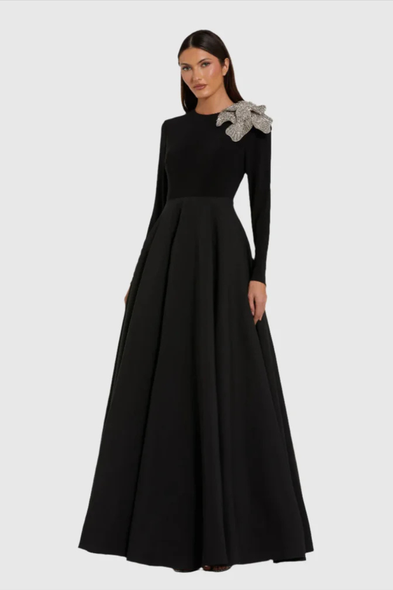 Long Sleeve Brocatelle Flower Ball Gown Black