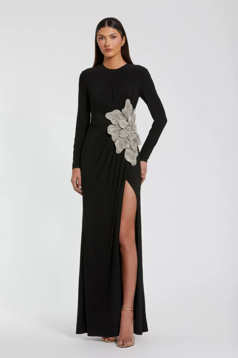 Belgium Gown With Embellished Flower Black