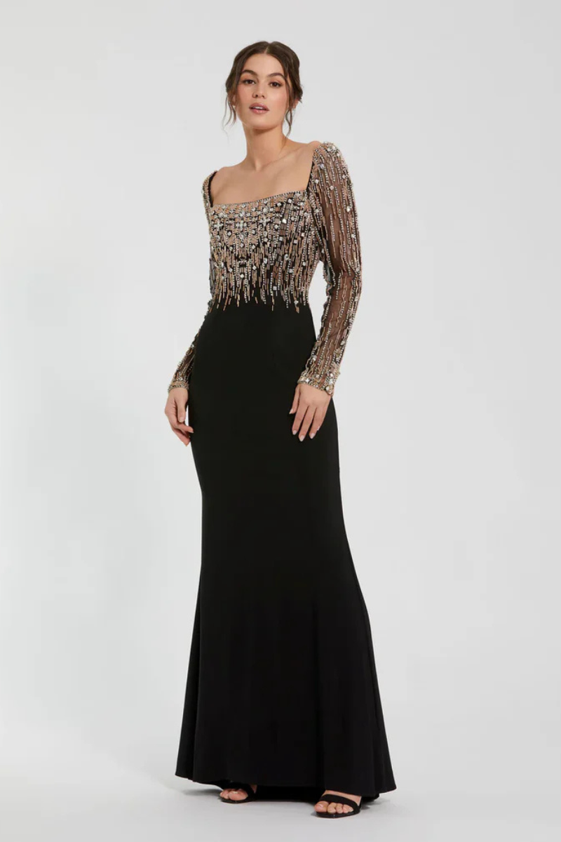 Crystalized Square Neck Long Sleeve Gown Black