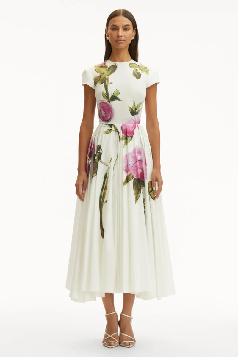 PAINTED BLOSSOMS COTTON POPLIN MIDI DRESS