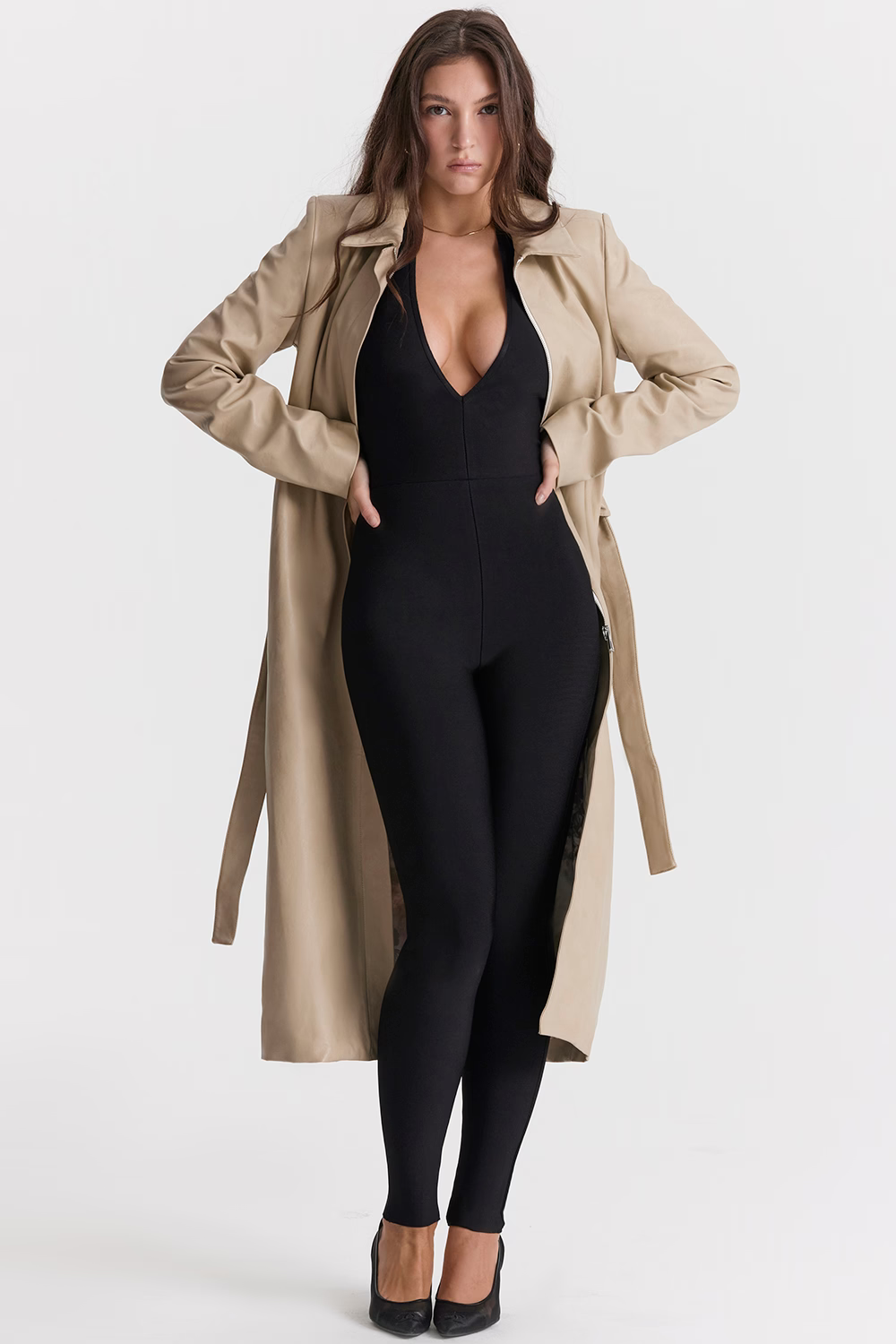 Riley Beige Leather Trench Coat