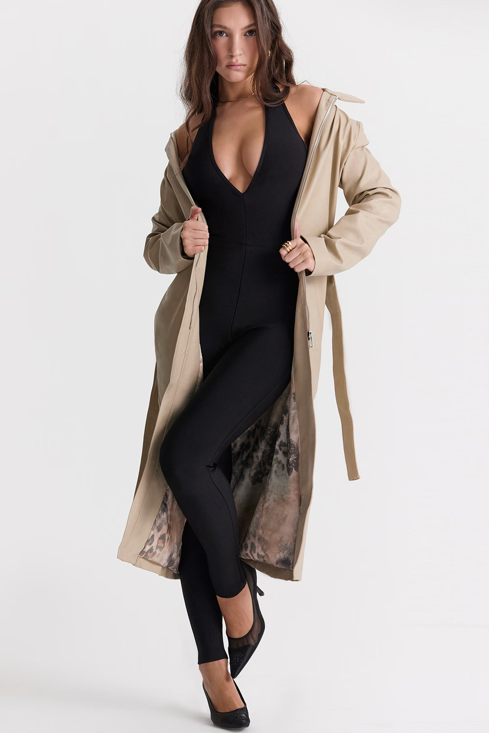 Riley Beige Leather Trench Coat