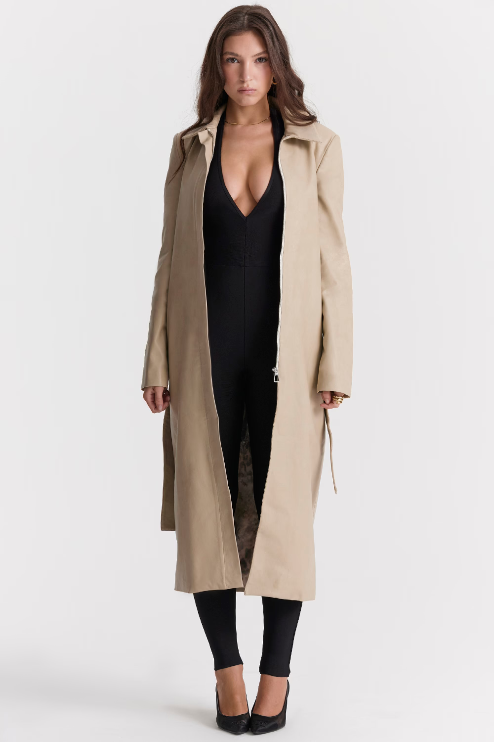 Riley Beige Leather Trench Coat