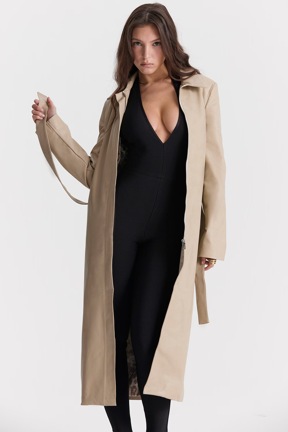 Riley Beige Leather Trench Coat