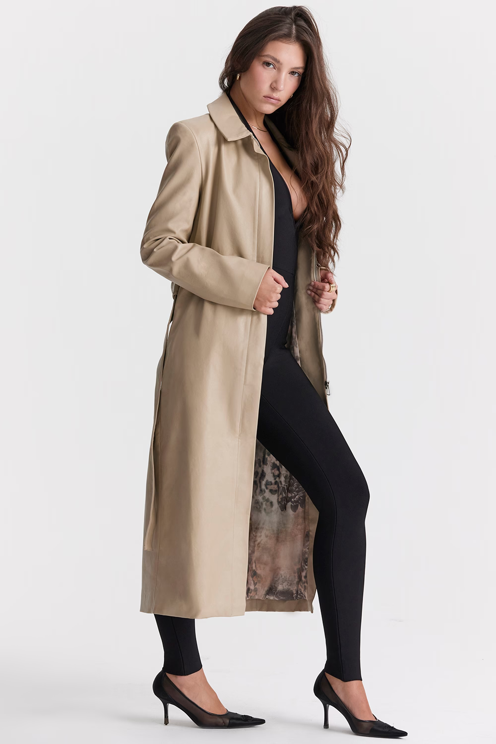 Riley Beige Leather Trench Coat