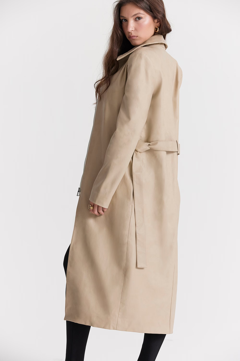 Riley Beige Leather Trench Coat