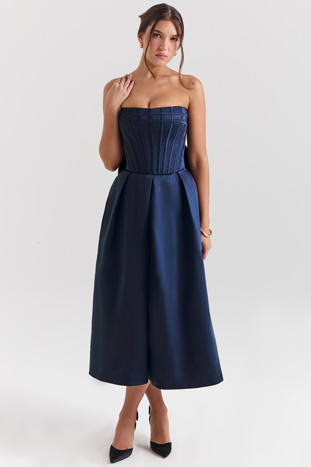 KARINE Midnight Blue Strapless Detachable Bow Midi Dress