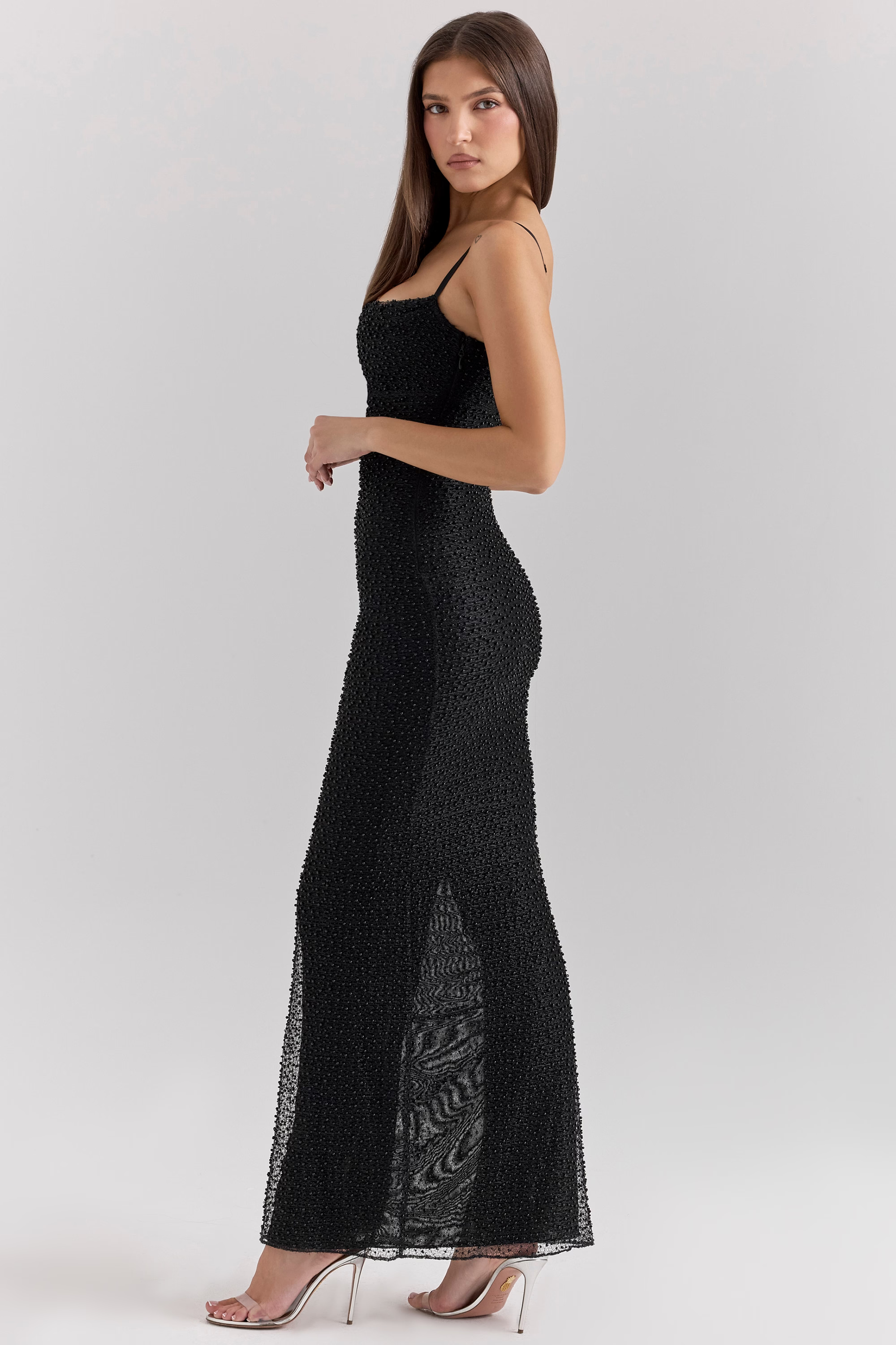 AURORE Pearl Black Embellished Maxi Dress