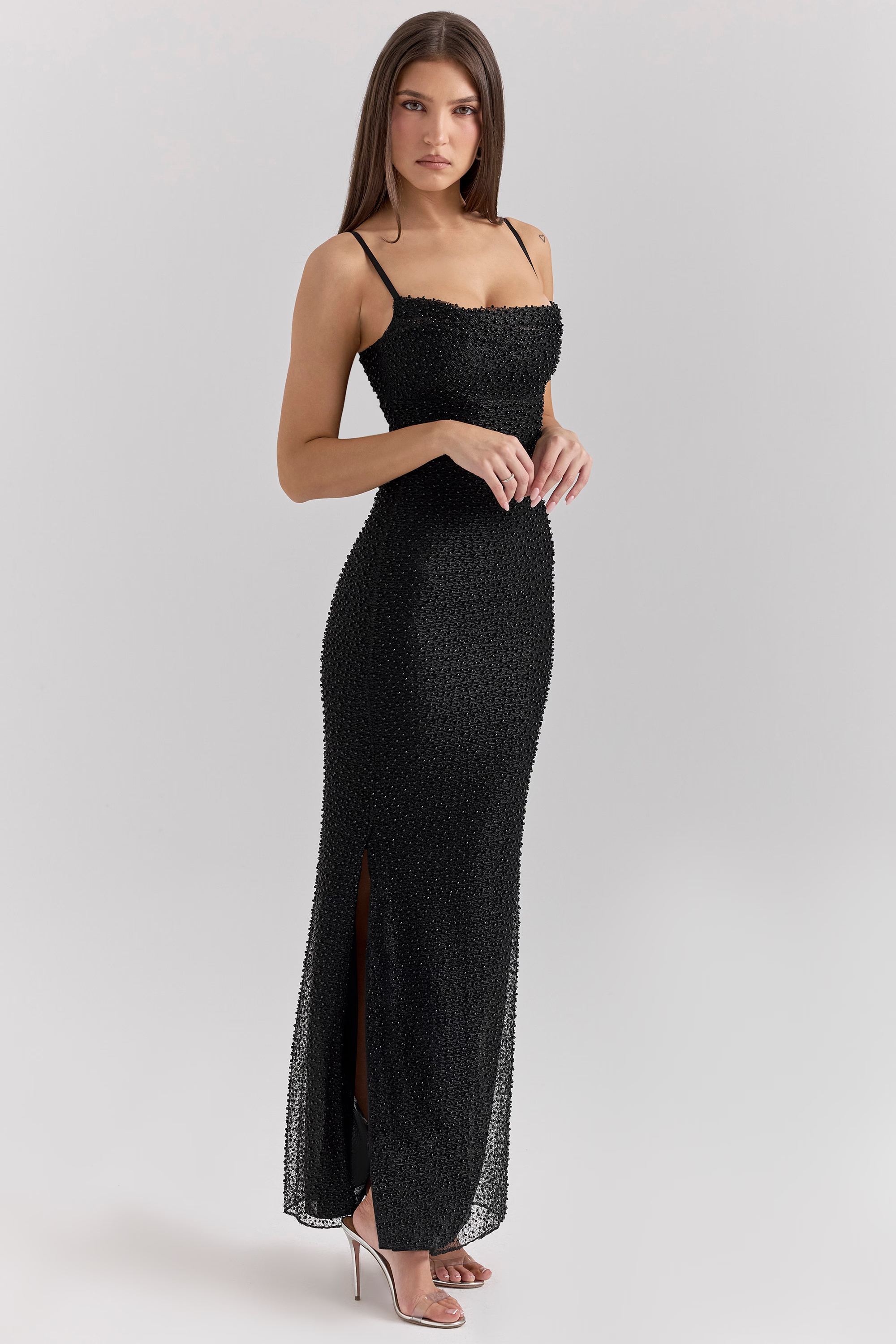 AURORE Pearl Black Embellished Maxi Dress