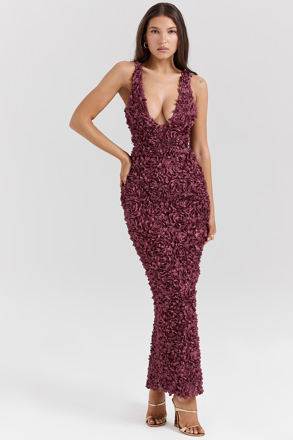 NADEGE Merlot Plunge Floral Maxi Dress