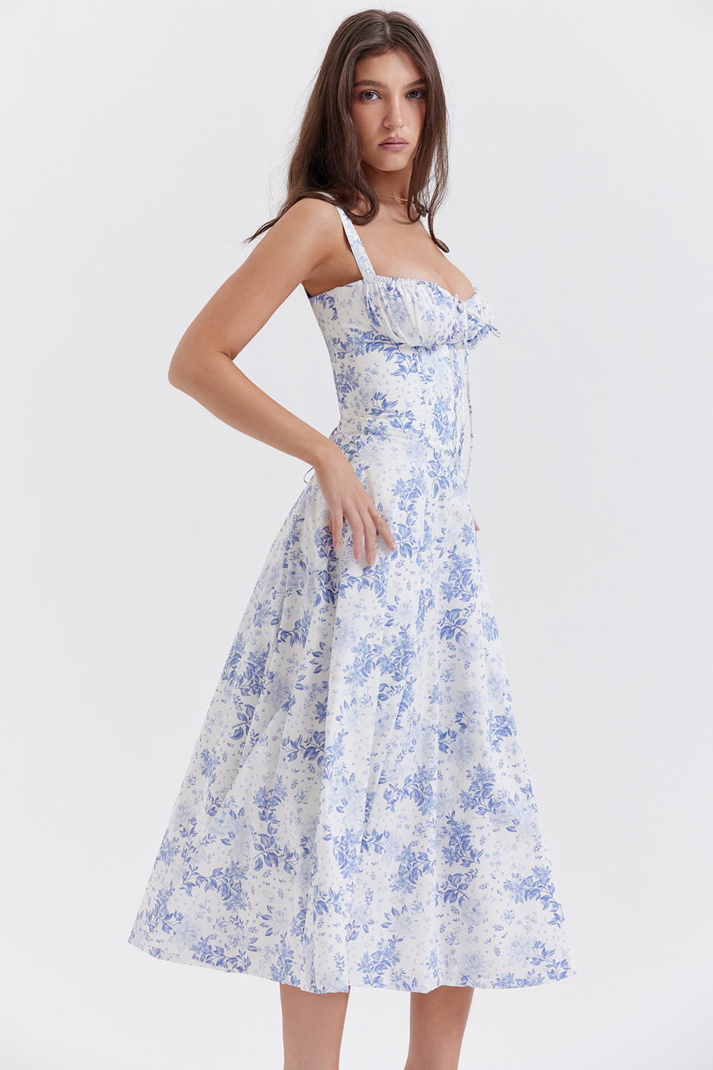 EUGENIE Blue Rosebud Print Cotton Bustier Sundress