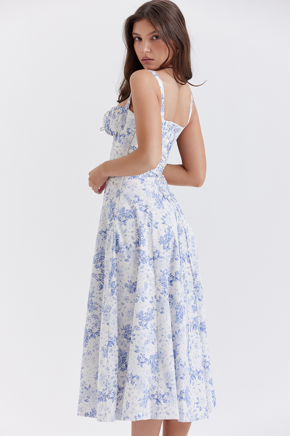 EUGENIE Blue Rosebud Print Cotton Bustier Sundress