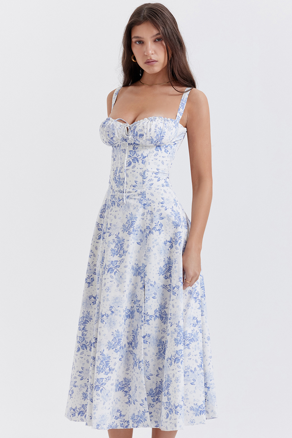 EUGENIE Blue Rosebud Print Cotton Bustier Sundress