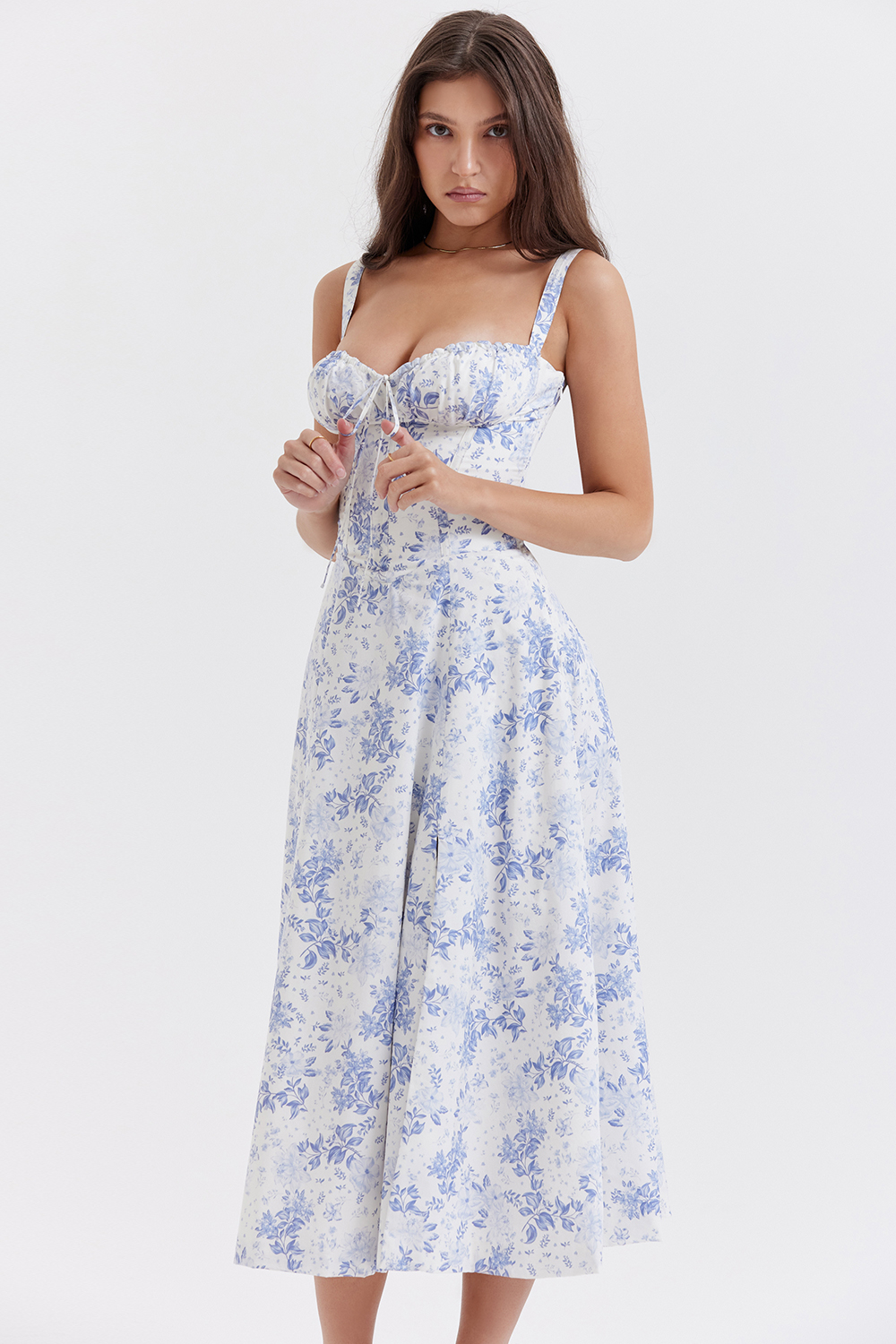 EUGENIE Blue Rosebud Print Cotton Bustier Sundress