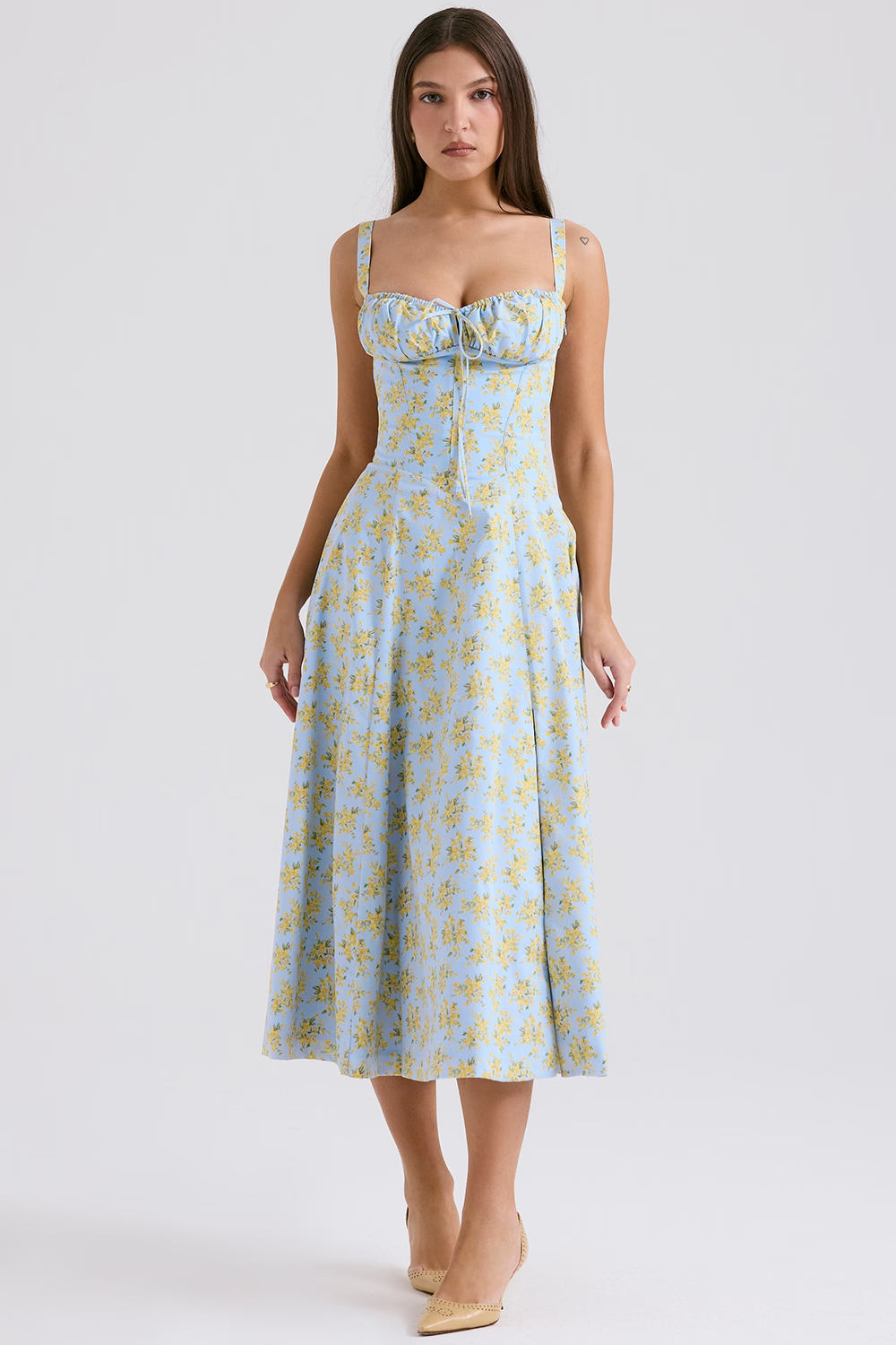 EUGENIE Soft Blue Floral Print Cotton Bustier Sundress