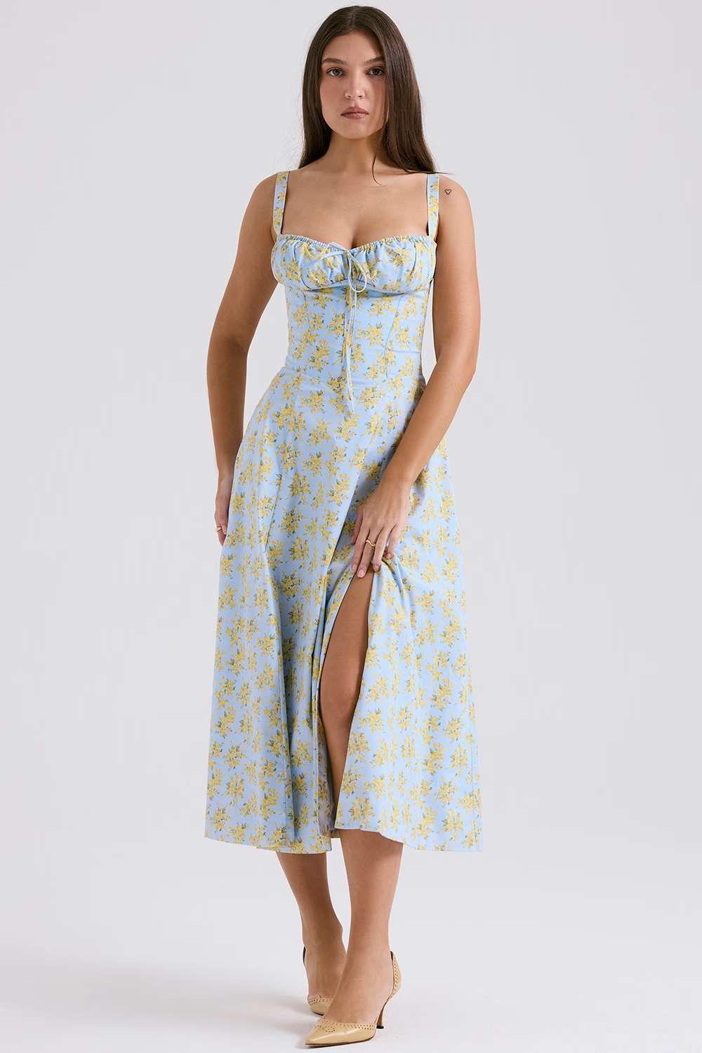 EUGENIE Soft Blue Floral Print Cotton Bustier Sundress