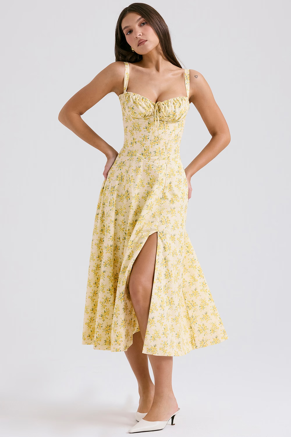 EUGENIE Pastel Yellow Floral Print Cotton Bustier Sundress