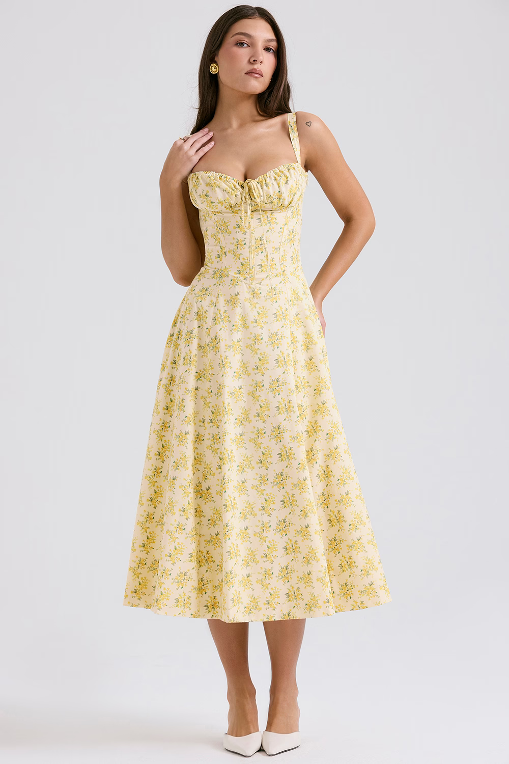 EUGENIE Pastel Yellow Floral Print Cotton Bustier Sundress