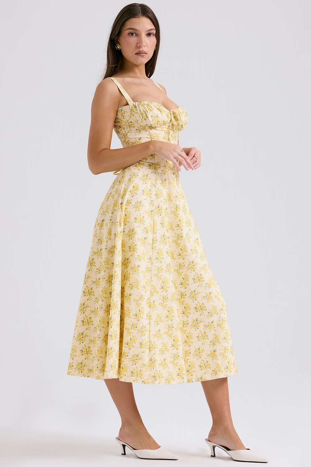 EUGENIE Pastel Yellow Floral Print Cotton Bustier Sundress