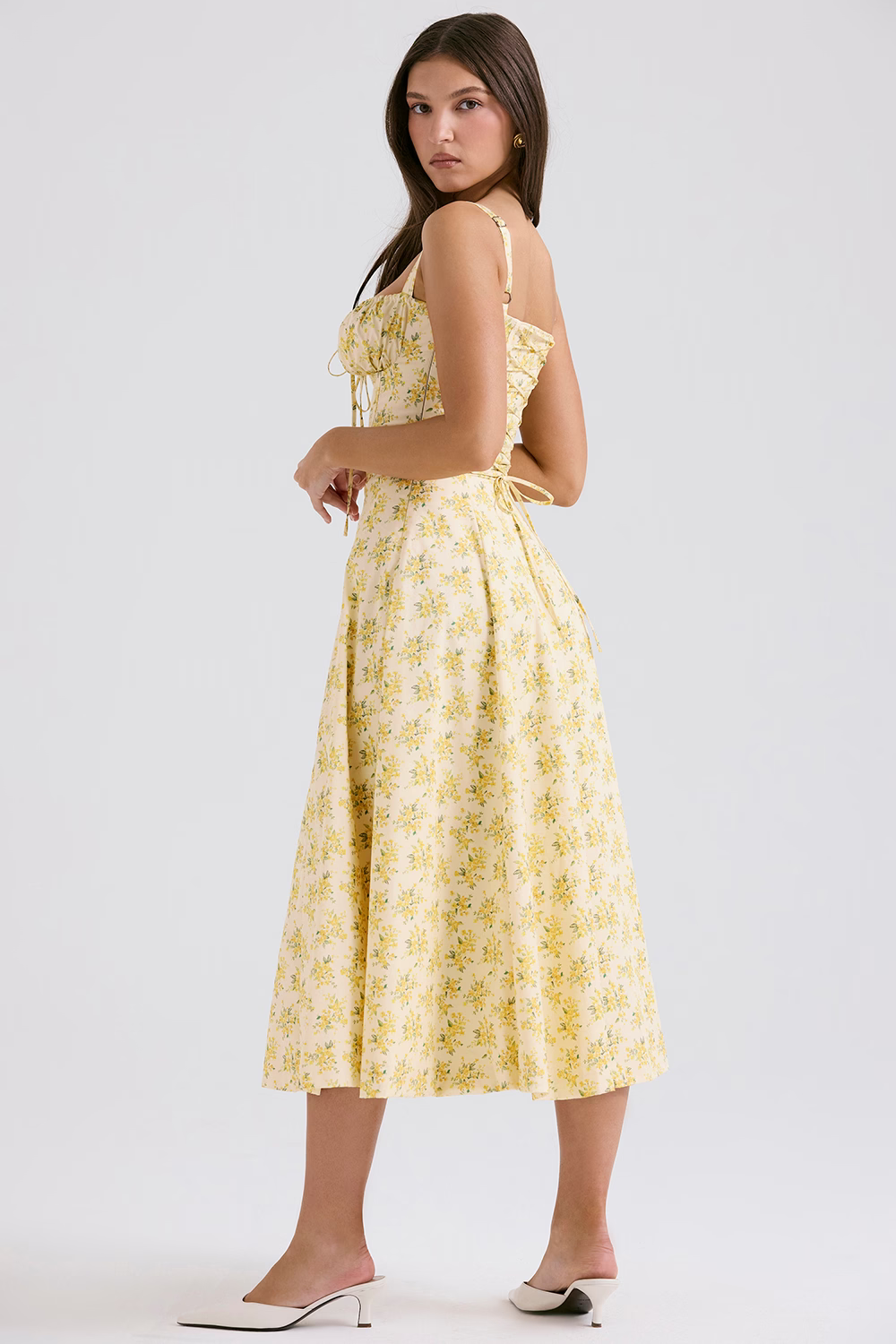 EUGENIE Pastel Yellow Floral Print Cotton Bustier Sundress